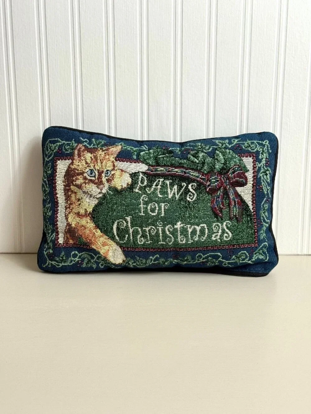 Vtg Paws for Christmas Orange Cat Tapestry Throw Pillow Plaid Holiday Festive